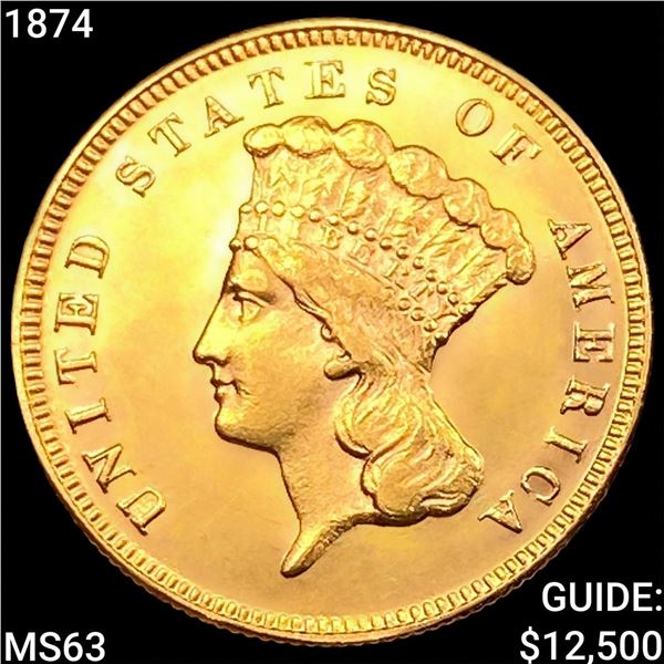 1874 $3 Gold Piece CHOICE BU