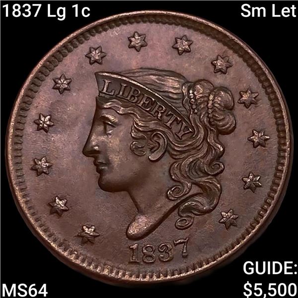 1837 Lg 1c Sm Let Coronet Head Large Cent CHOICE BU