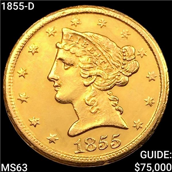 1855-D $5 Gold Half Eagle CHOICE BU