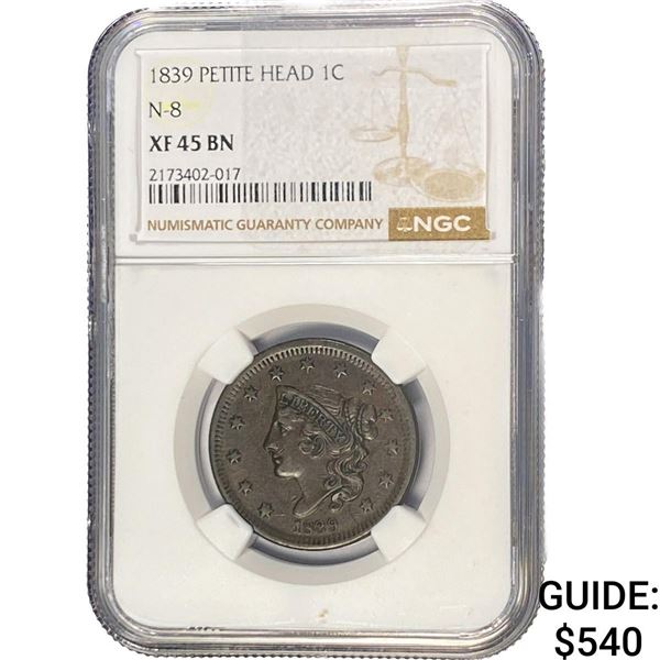 1839 Coronet Head Large Cent NGC XF45 BN Pet. Head