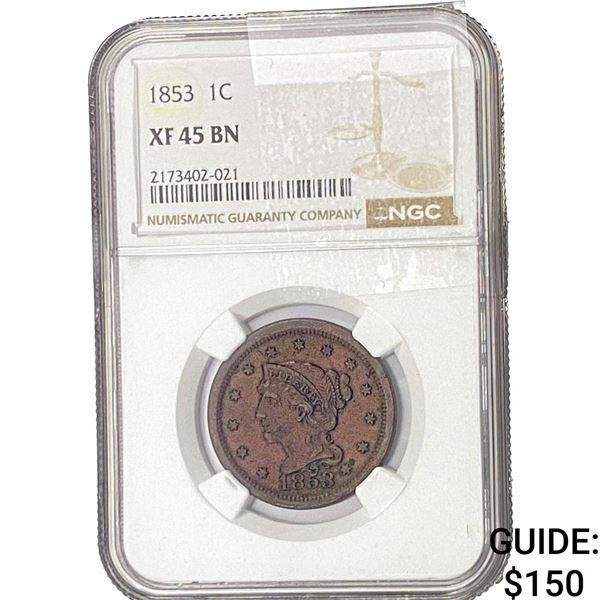1853 Braided Hair Large Cent NGC XF45 BN
