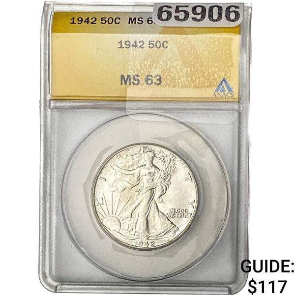 1942 Walking Liberty Half Dollar ANACS MS63