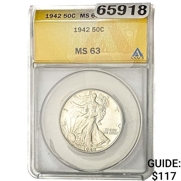 1942 Walking Liberty Half Dollar ANACS MS63