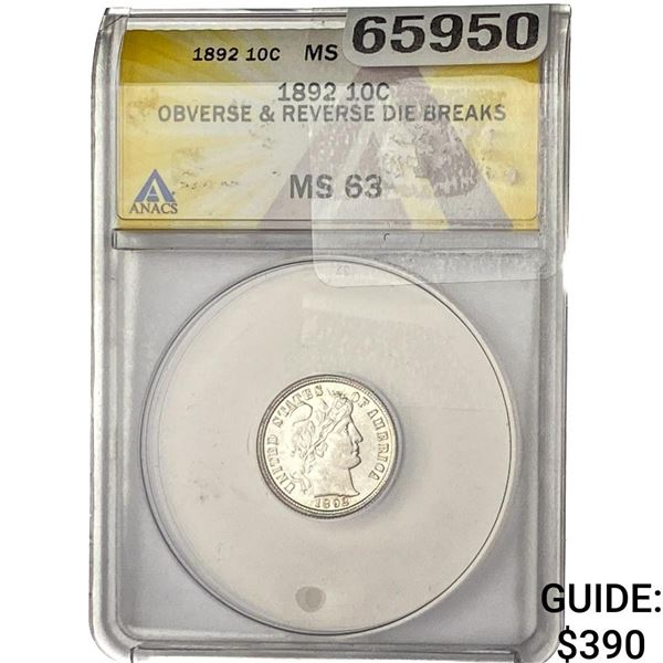 1892 Barber Dime ANACS MS63