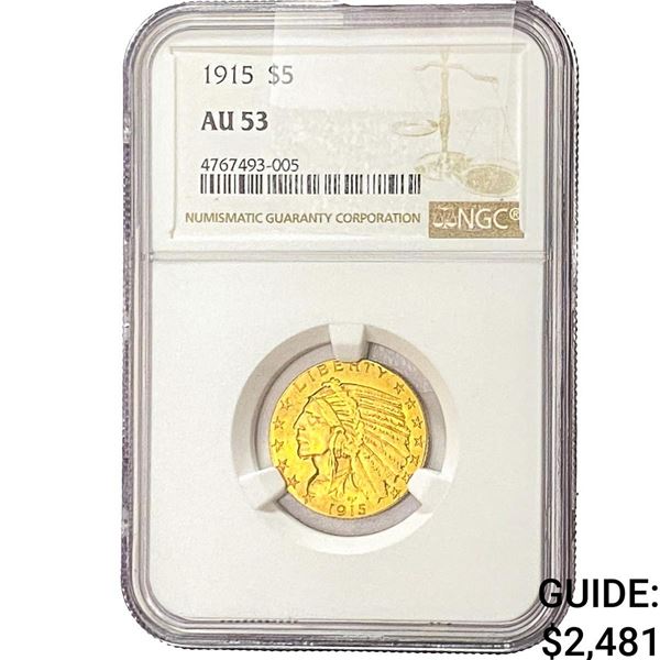 1915 $5 Gold Half Eagle NGC AU53