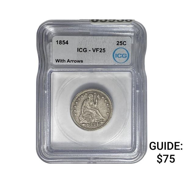 1854 Seated Liberty Quarter ICG VF25