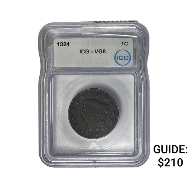 1824 Coronet Head Large Cent ICG VG8