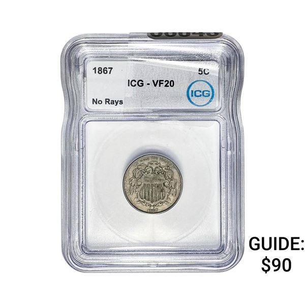 1867 Shield Nickel ICG VF20