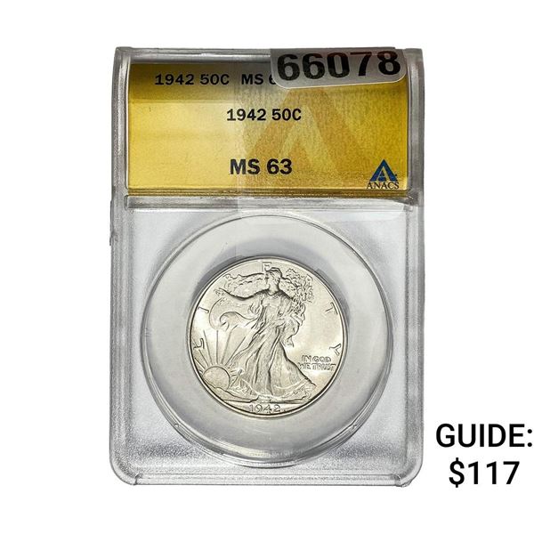 1942 Walking Liberty Half Dollar ANACS MS63