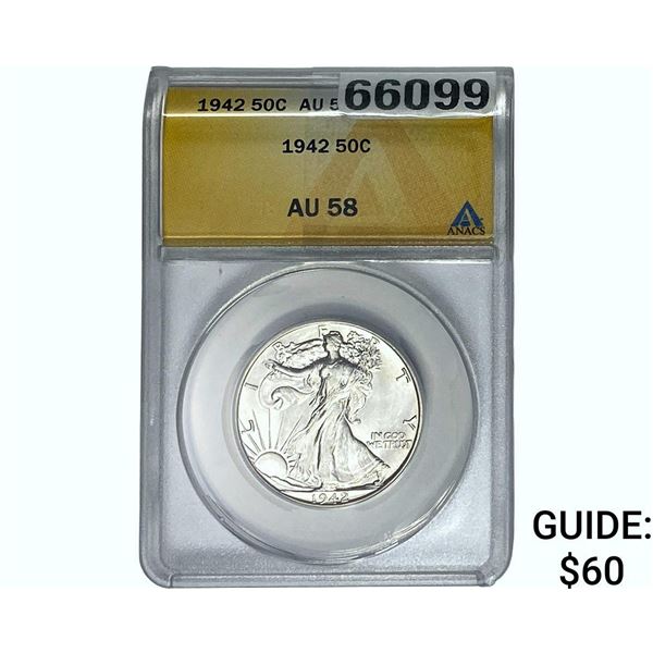 1942 Walking Liberty Half Dollar ANACS AU58