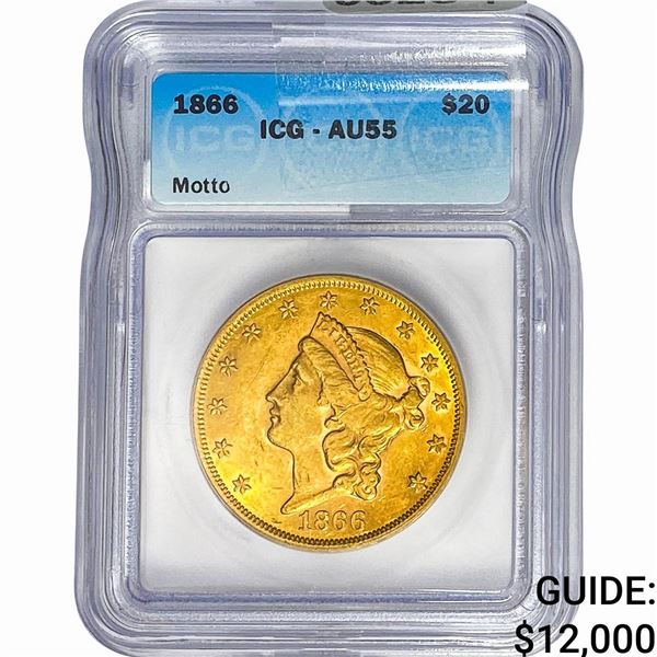 1866 $20 Gold Double Eagle ICG AU55 Motto