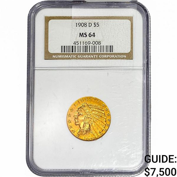 1908-D $5 Gold Half Eagle NGC MS64