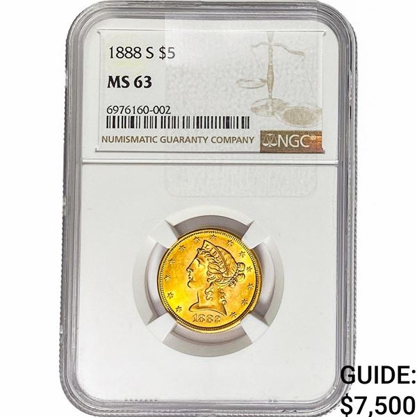 1888-S $5 Gold Half Eagle NGC MS63