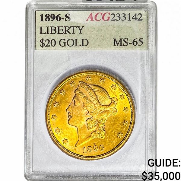 1896-S $20 Gold Double Eagle ACG MS65