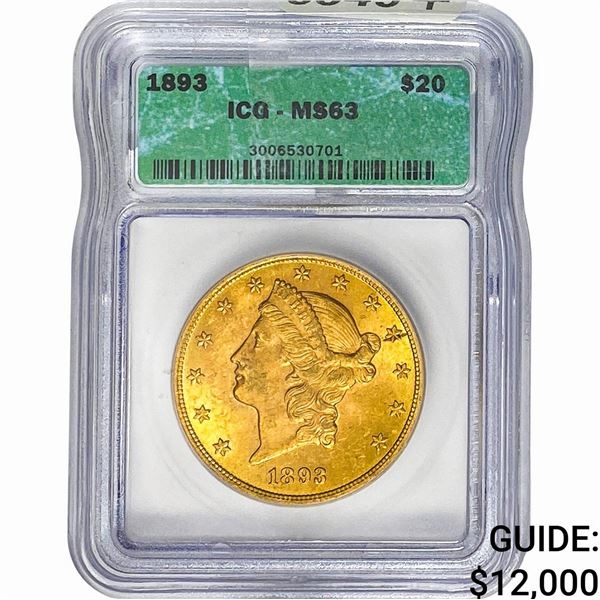 1893 $20 Gold Double Eagle ICG MS63