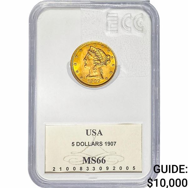 1907 $5 Gold Half Eagle ECC MS66