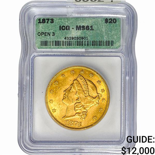 1873 $20 Gold Double Eagle ICG MS61 Open 3