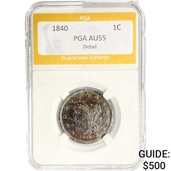 1840 Braided Hair Large Cent PGA AU55 Detail