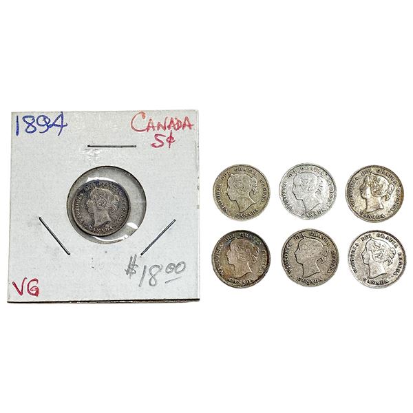 1893-1894 Better Date Canada 5 Cent Silver  [7 Coins]