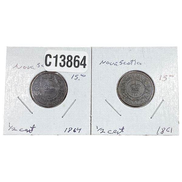 1861-1864 Nova Scotia 1/2 Cent  [2 Coins] AU