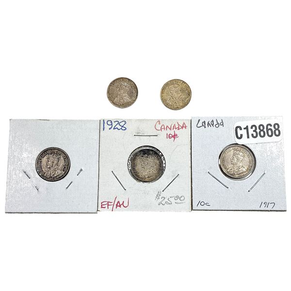 1916-1919 Canada Silver Dime  [5 Coins] AU