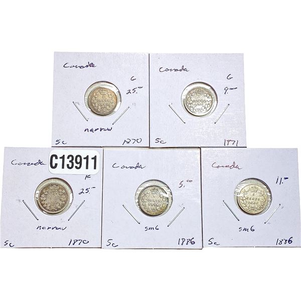 1870-1876 Canada 5 Cent Silver [5 Coins]