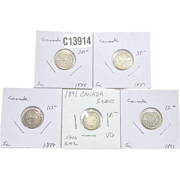 1888-1891 Canada 5 Cent Silver  [5 Coins]