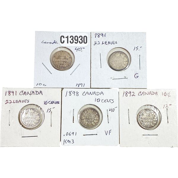 1891-1898 Canada Silver Dime  [5 Coins]