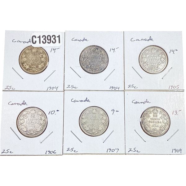1904-1909 Canada Silver Quarter  [6 Coins]
