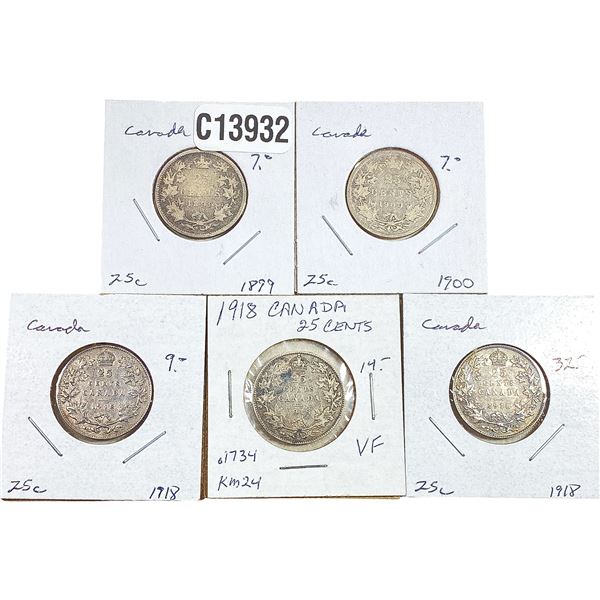 1899-1918 Canada Silver Quarter  [5 Coins]