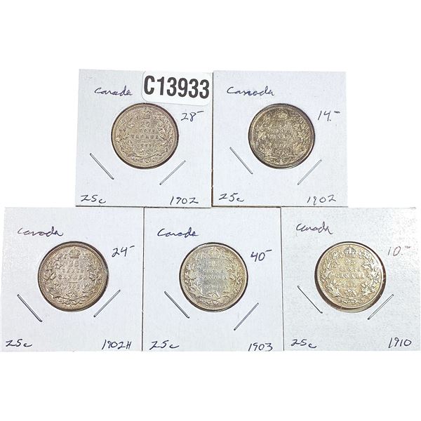 1902-1910 Canada Silver Quarter  [5 Coins]