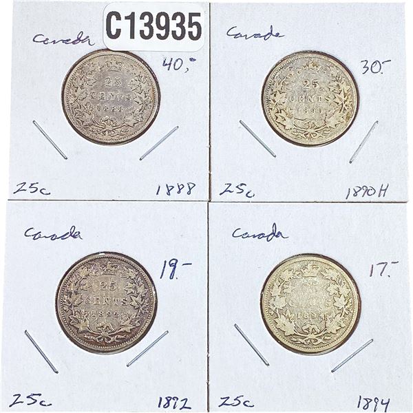 1888-1894 Better Date Canada Silver Quarter  [4 Coins]