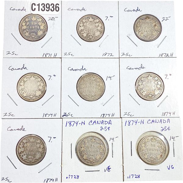 1871-1874 Better Date Canada Silver Quarter  [9 Coins]