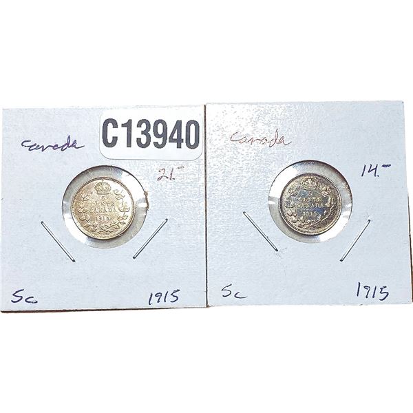 [2] 1915 KEY DATE Canada 5 Cent Silver  [2 Coins]