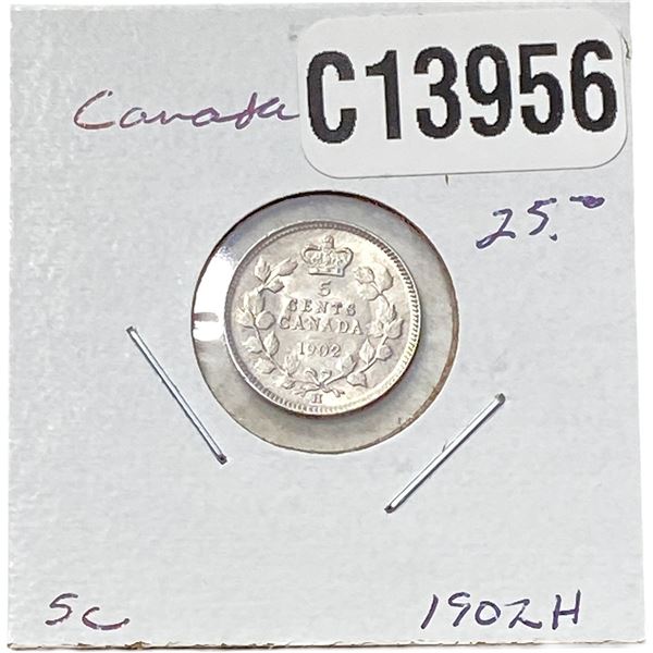 1902-H Canada 5 Cent Silver AU+