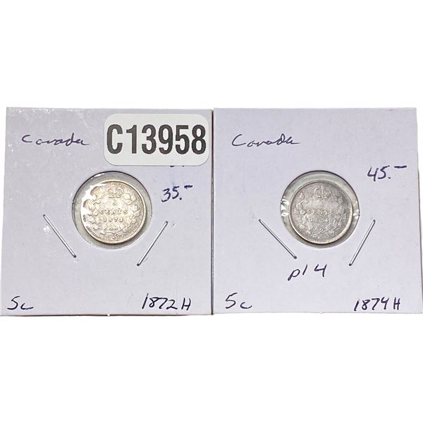 1872-H, 1874-H Better Date Canada 5 Cent Silver[2 Coins] Fine