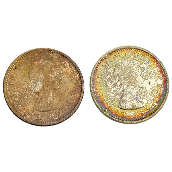 1961, 1964 COLOR Canada Silver Dime Lot [2 Coins] GEM BU
