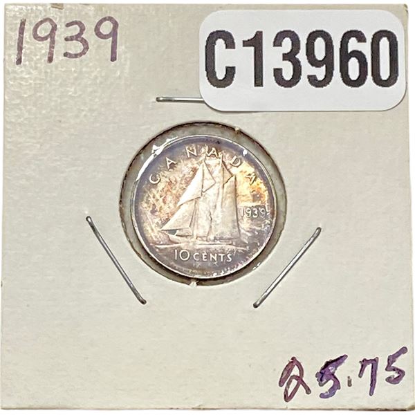 1939 Toned Canada Silver Dime GEM BU