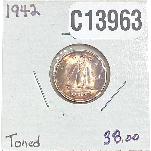 1942 Toned Canada Silver Dime GEM BU