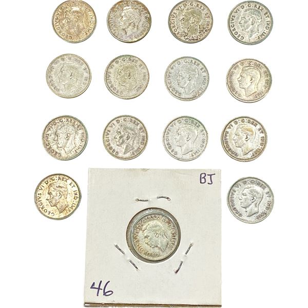 1945-1946 Canada Silver Dime Lot [15 Coins]
