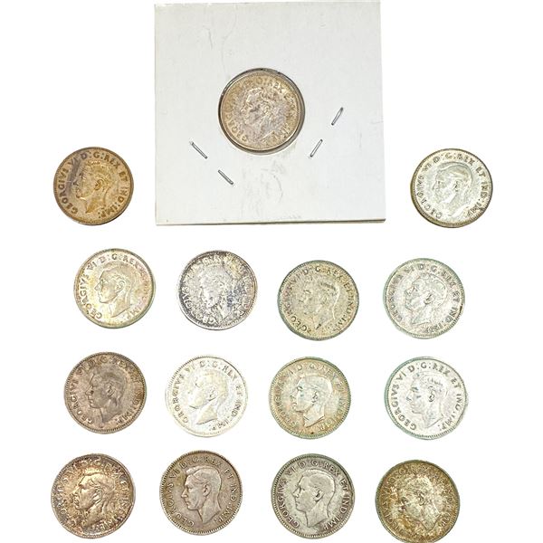1944-1945 Canada Silver Dime Lot [15 Coins]