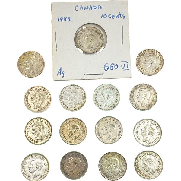 1943-1944 Canada Silver Dime Lot [15 Coins]