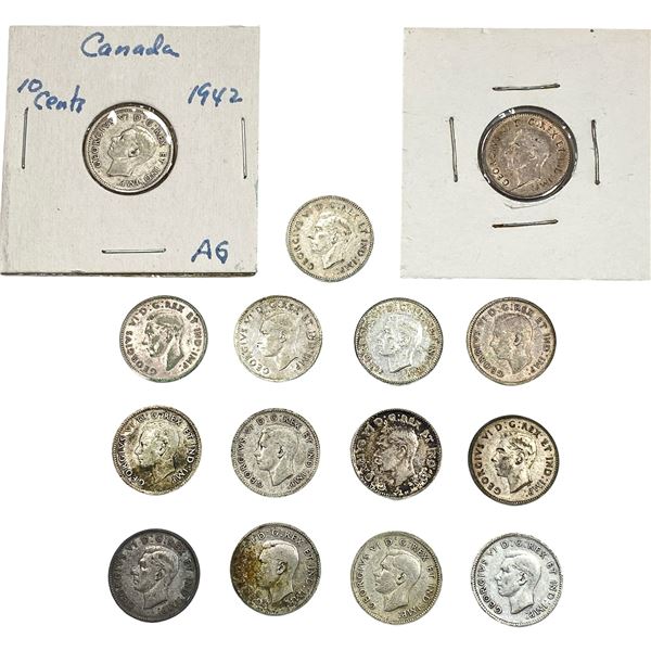 1942-1943 Canada Silver Dime Lot [15 Coins]