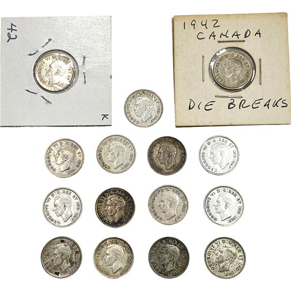 1941-1942 Canada Silver Dime Lot [15 Coins]