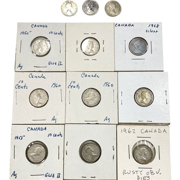 1955-1968 Canada Silver Dime Lot [12 Coins]