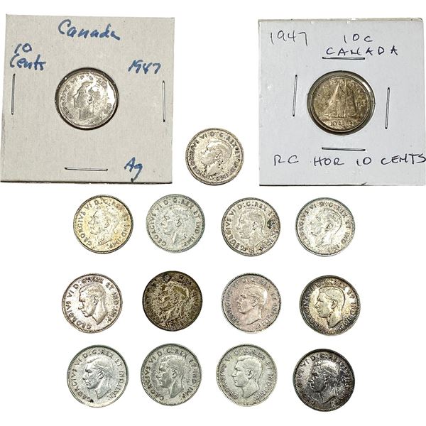 1947, 1947 ML Canada Silver Dime Lot [15 Coins]