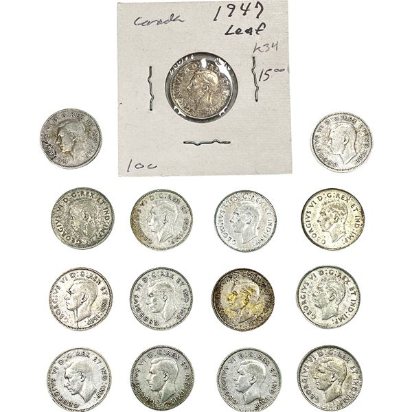 1947, 1947 ML Canada Silver Dime Lot [15 Coins]