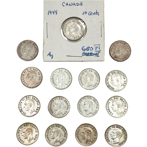 1949-1950 Canada Silver Dime Lot [15 Coins]