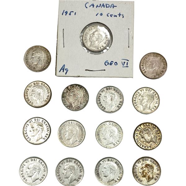 1950-1951 Canada Silver Dime Lot [15 Coins]