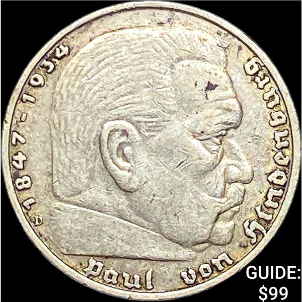 1936-D Germany Siler 5 Reichsmark CLOSELY UNCIRCULATED